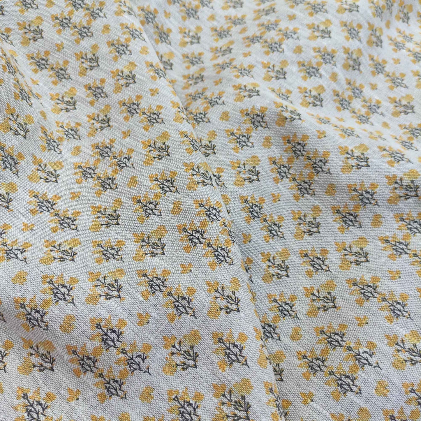 Floral linen fabric with block print on oatmeal linen LL321P - 100% linen