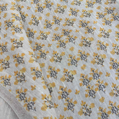 Floral linen fabric with block print on oatmeal linen LL321P - 100% linen