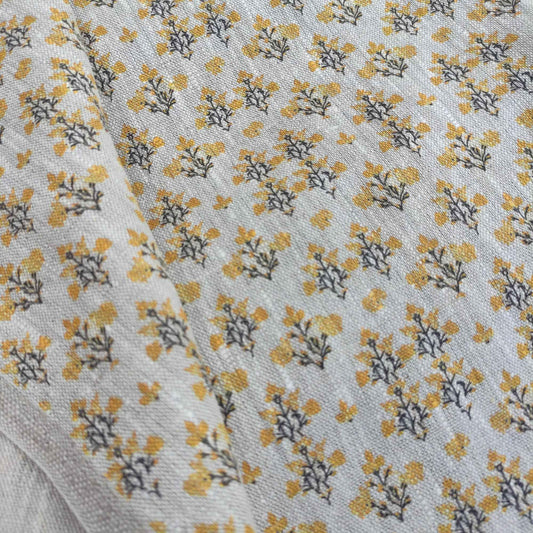 Floral linen fabric with block print on oatmeal linen LL321P - 100% linen
