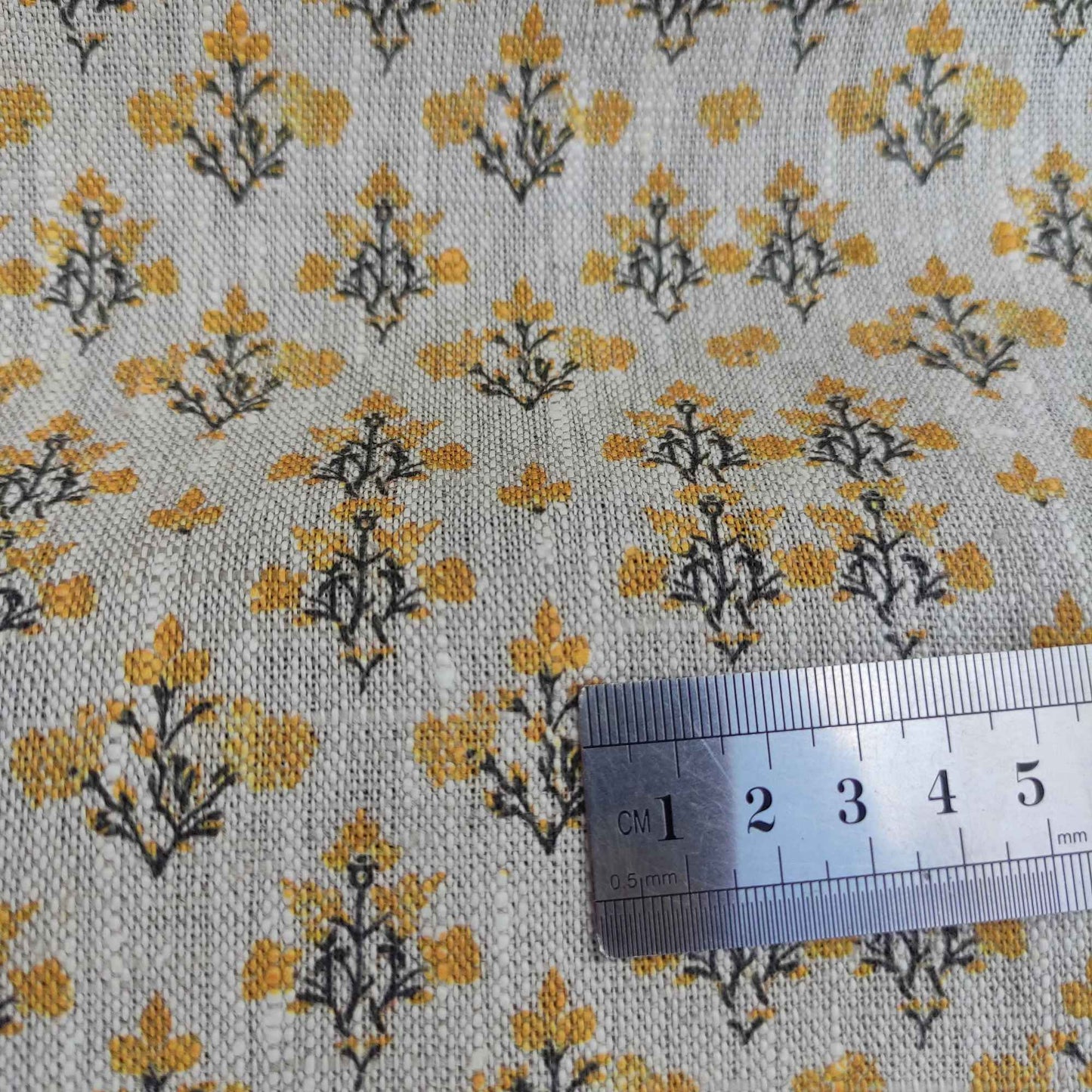 Floral linen fabric with block print on oatmeal linen LL321P - 100% linen
