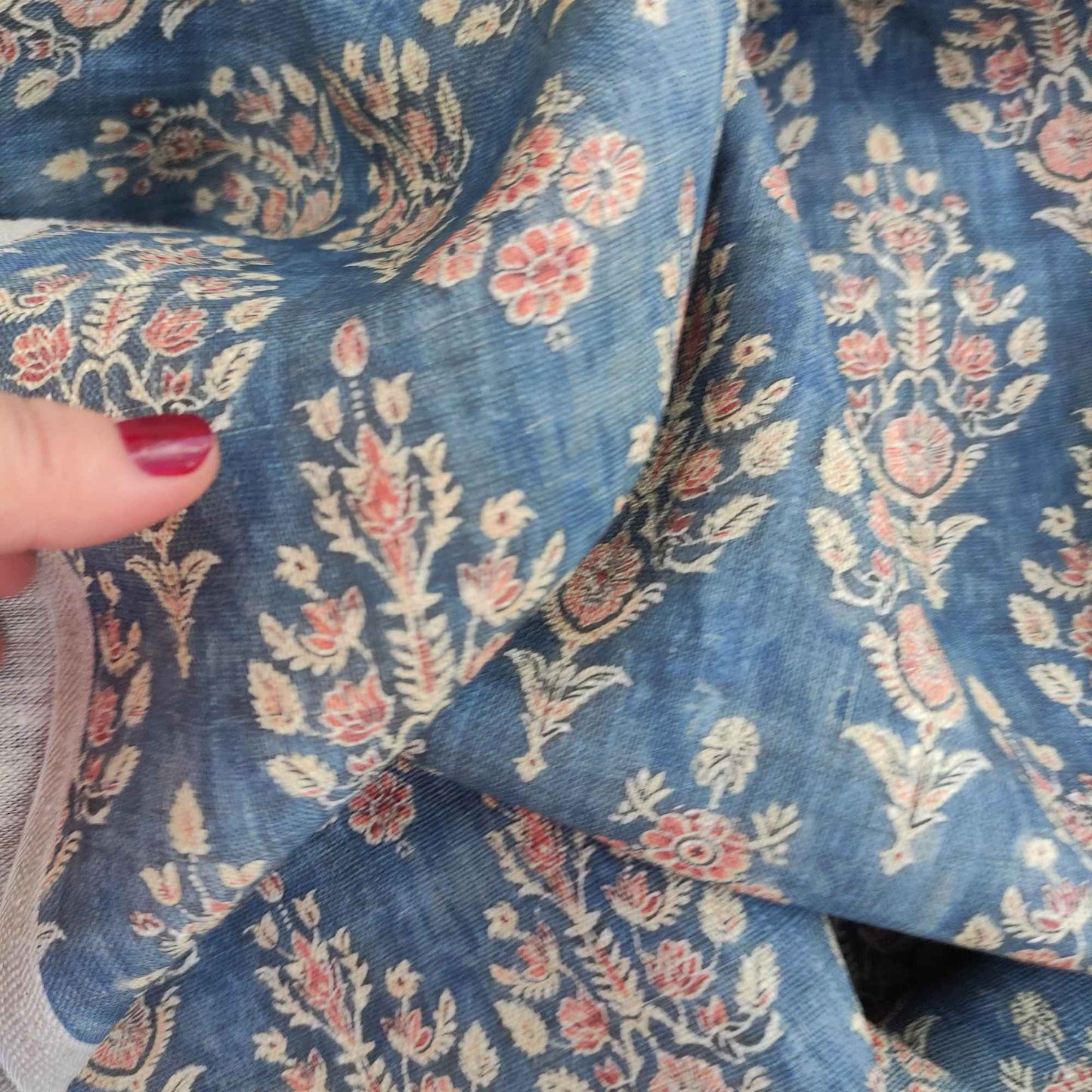 Floral linen fabric with colorfull block print on oatmeal linen LL322P - 100% linen