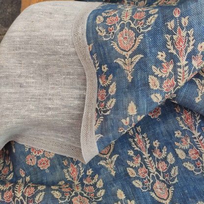 Floral linen fabric with colorfull block print on oatmeal linen LL322P - 100% linen