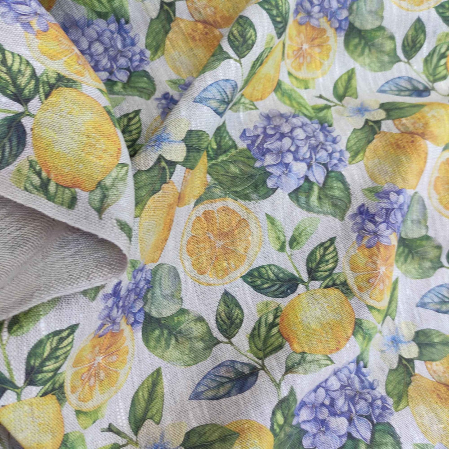 Floral linen fabric with Lemons and Hydragenas print on oatmeal linen LL323P - 100% linen