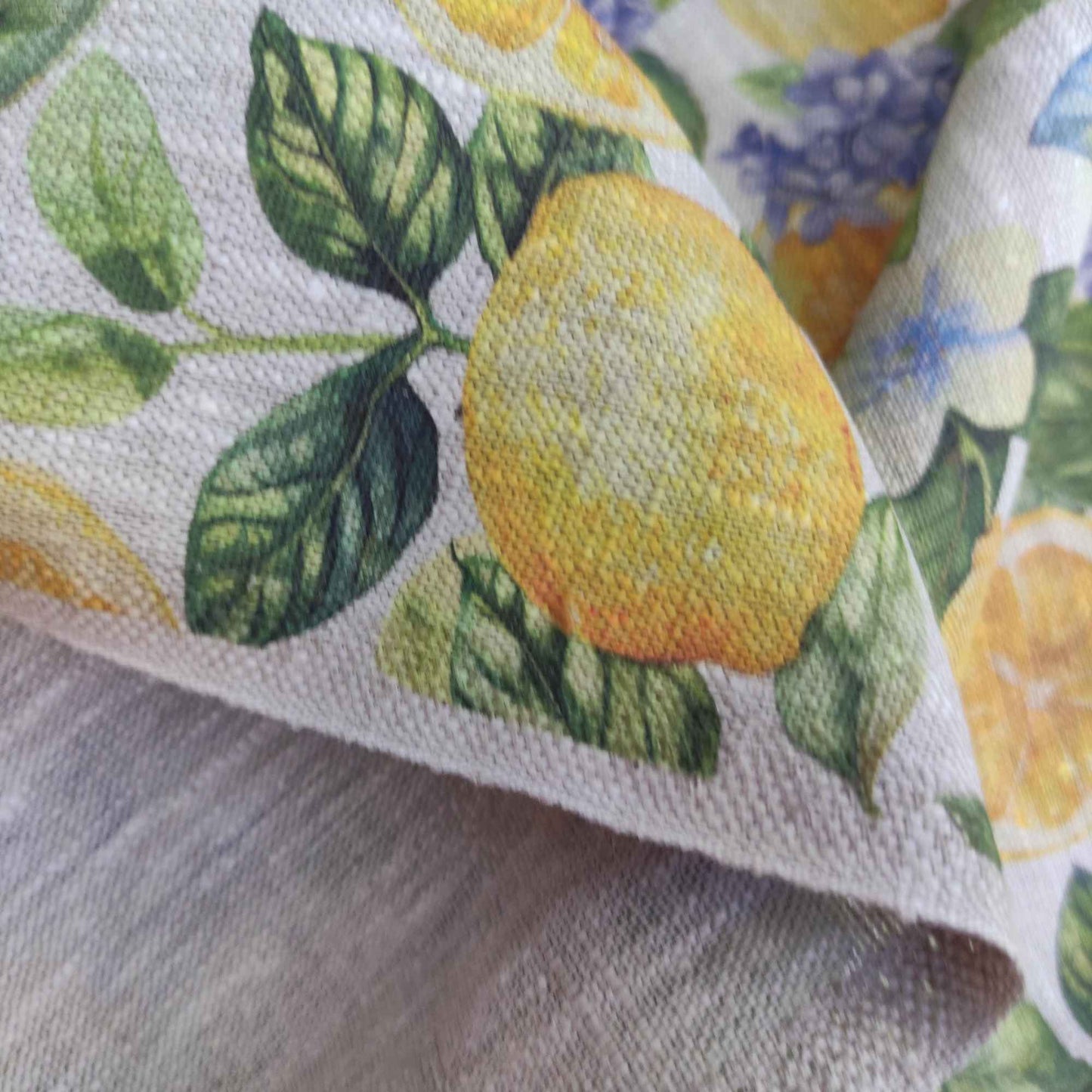 Floral linen fabric with Lemons and Hydragenas print on oatmeal linen LL323P - 100% linen