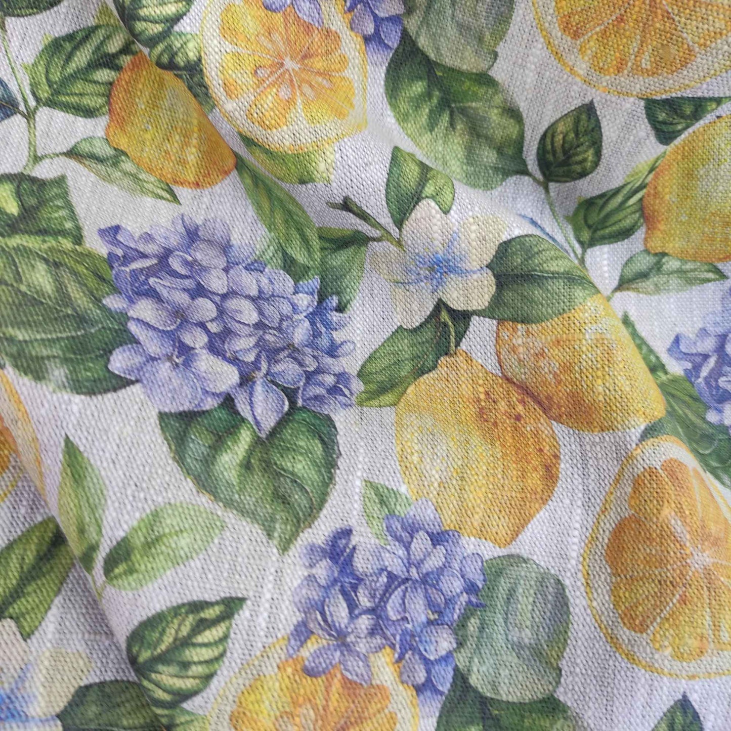 Floral linen fabric with Lemons and Hydragenas print on oatmeal linen LL323P - 100% linen