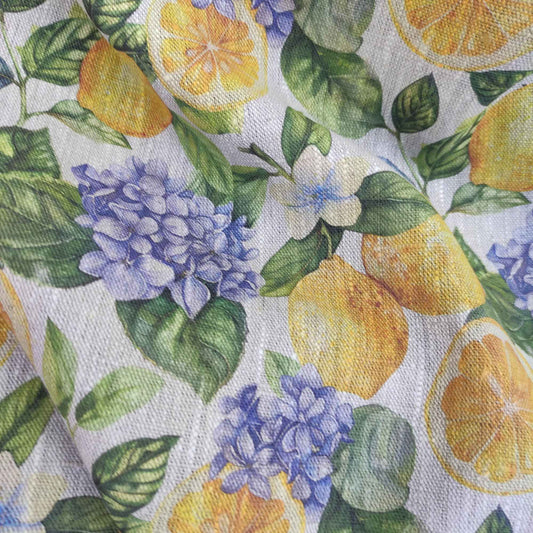 Floral linen fabric with Lemons and Hydragenas print on oatmeal linen LL323P - 100% linen