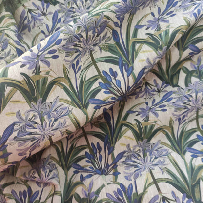 Floral linen fabric with flower print on oatmeal linen LL324P - 100% linen