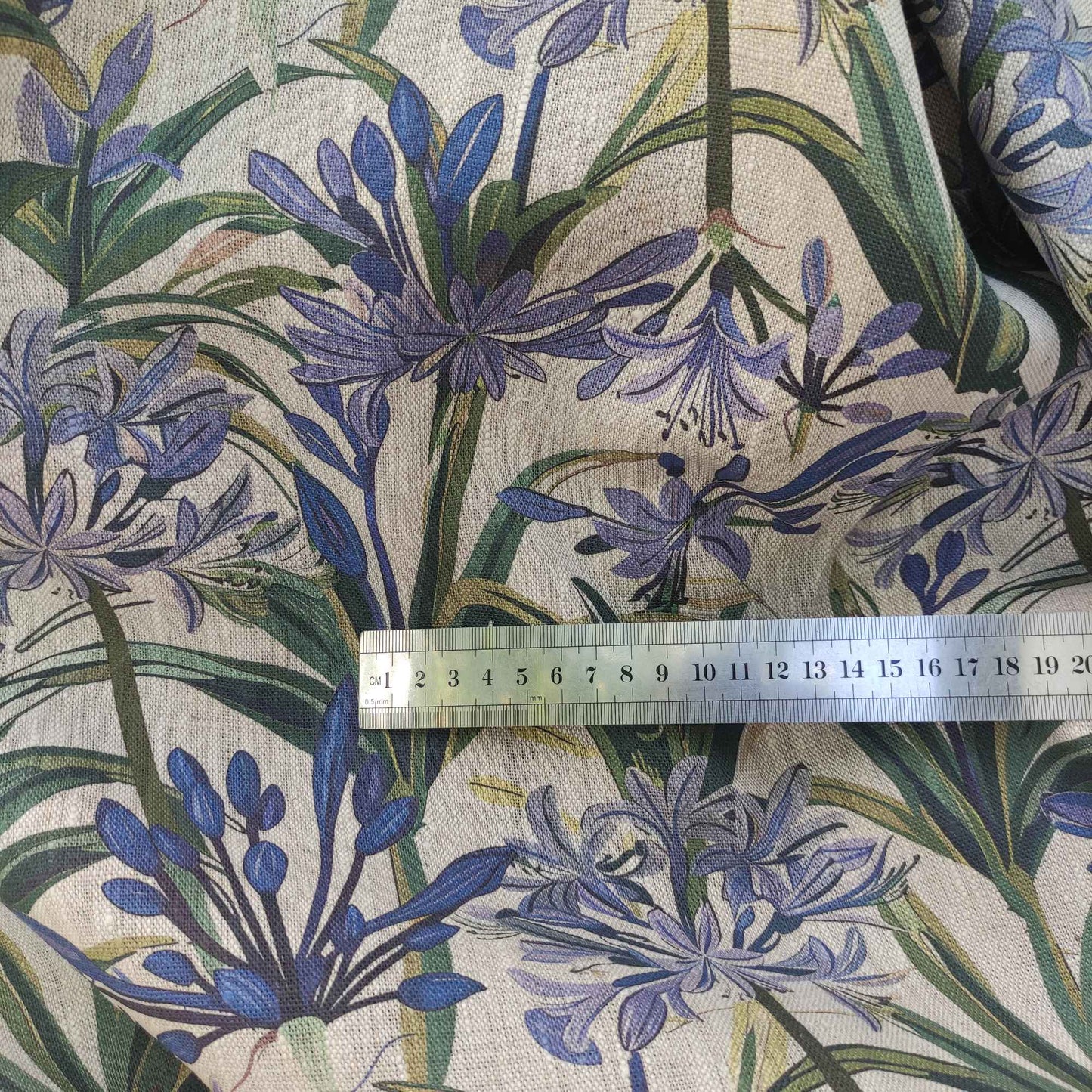 Floral linen fabric with flower print on oatmeal linen LL324P - 100% linen