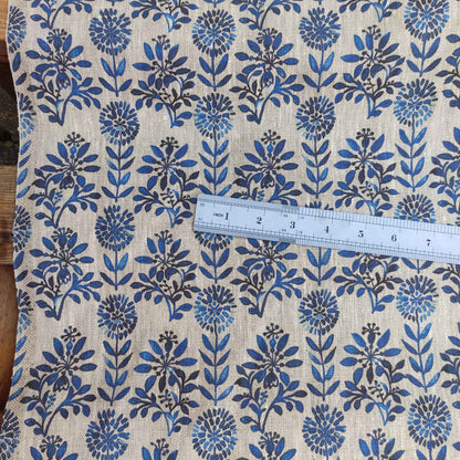 Floral linen fabric with bluel block print on oatmeal linen LL325P - 100% linen