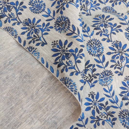 Floral linen fabric with bluel block print on oatmeal linen LL325P - 100% linen