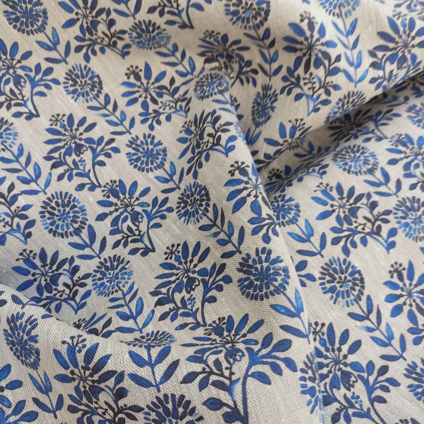 Floral linen fabric with bluel block print on oatmeal linen LL325P - 100% linen