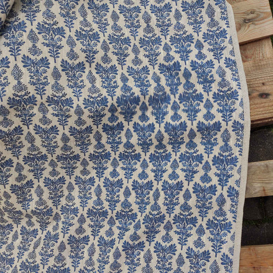 Floral linen fabric french stamp print  in blue on oatmeal linen LL336P