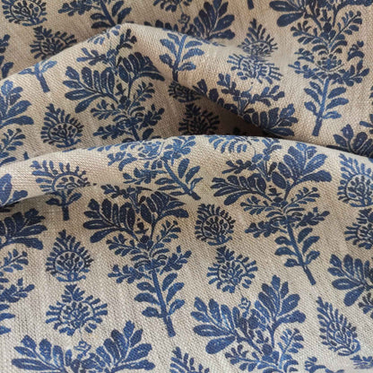 Floral linen fabric french stamp print  in blue on oatmeal linen LL336P