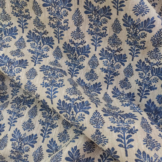 Floral linen fabric french stamp print  in blue on oatmeal linen LL336P