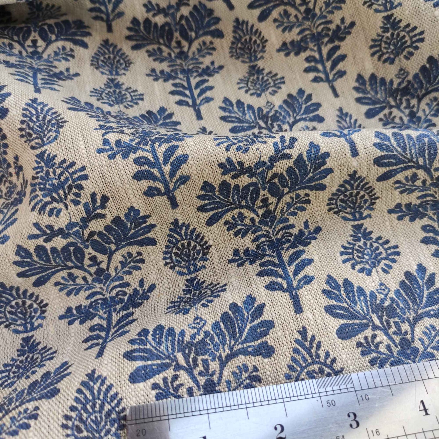 Floral linen fabric french stamp print  in blue on oatmeal linen LL336P