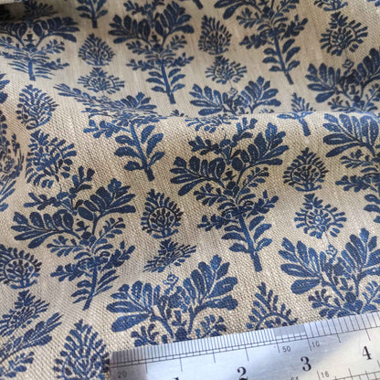 Floral linen fabric french stamp print  in blue on oatmeal linen LL336P
