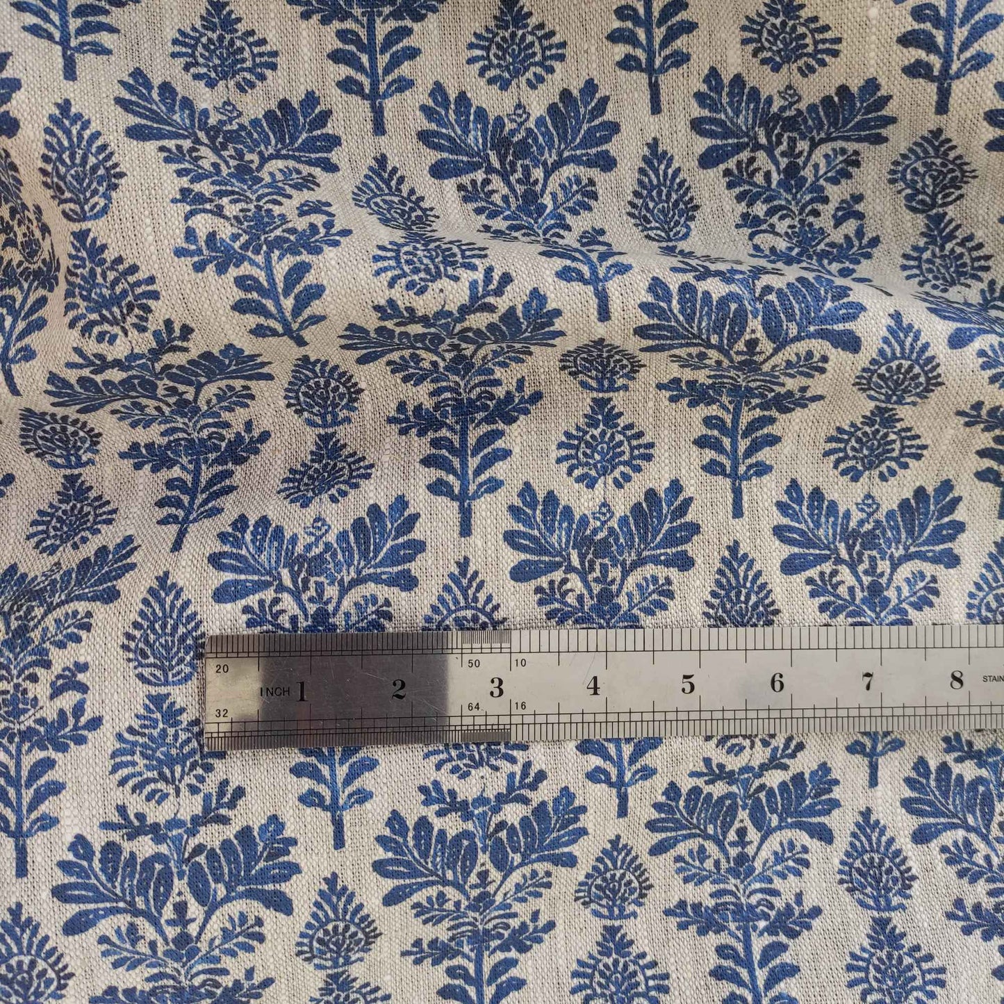 Floral linen fabric french stamp print  in blue on oatmeal linen LL336P