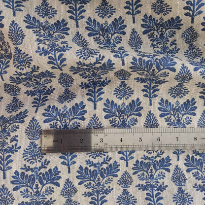 Floral linen fabric french stamp print  in blue on oatmeal linen LL336P