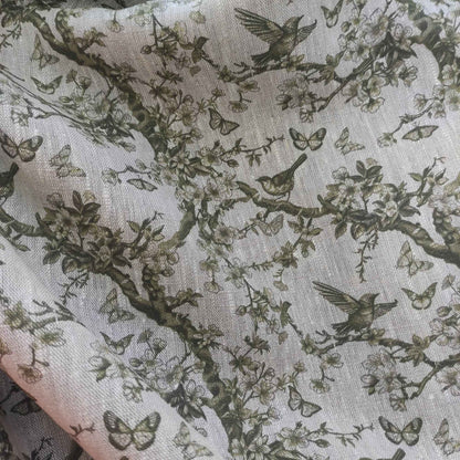 Floral linen fabric with Toile de Jouy Tree greenery LL347P - 100% linen