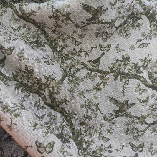 Floral linen fabric with Toile de Jouy Tree greenery LL347P - 100% linen