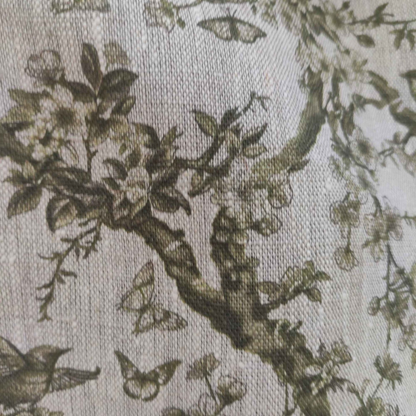 Floral linen fabric with Toile de Jouy Tree greenery LL347P - 100% linen