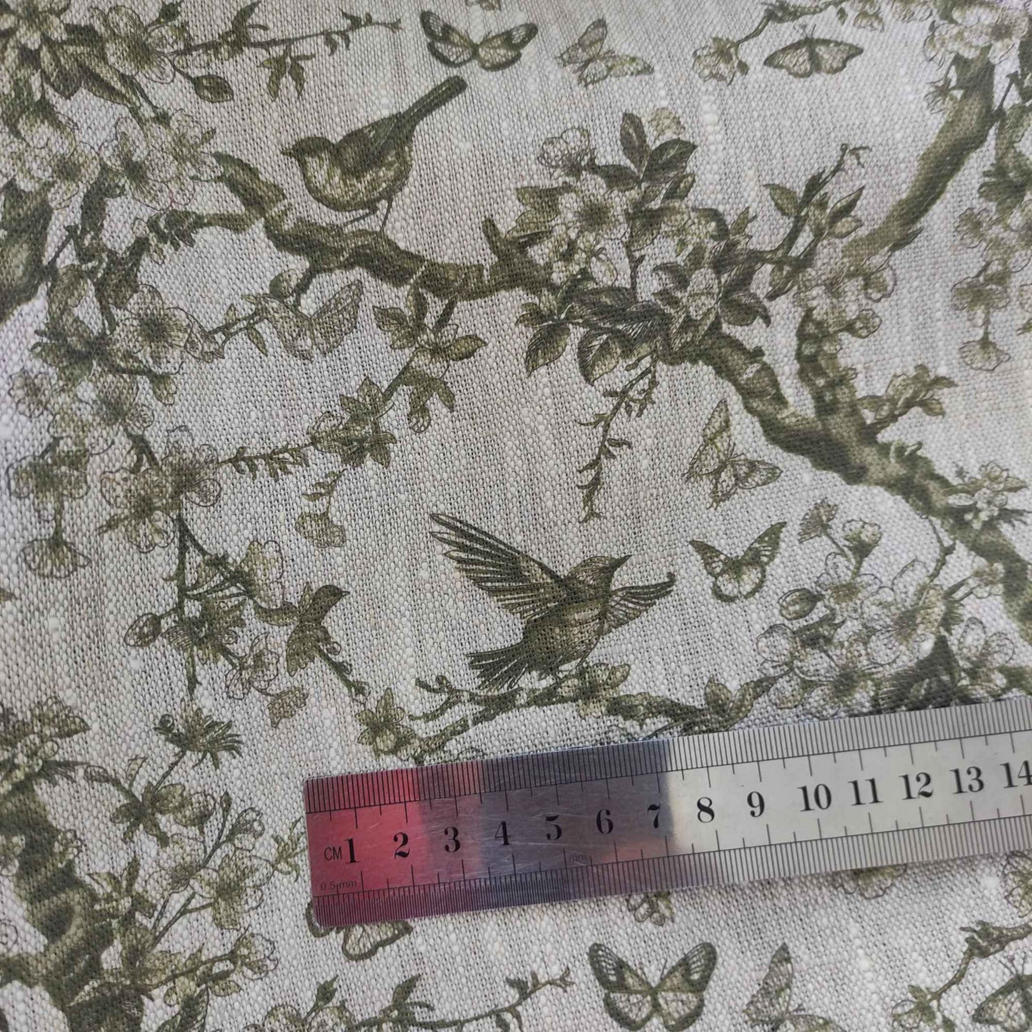 Floral linen fabric with Toile de Jouy Tree greenery LL347P - 100% linen