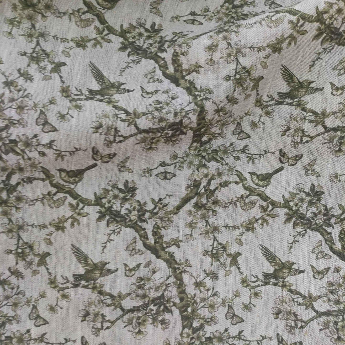 Floral linen fabric with Toile de Jouy Tree greenery LL347P - 100% linen