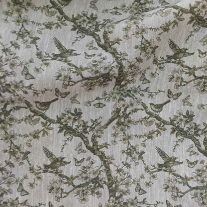 Floral linen fabric with Toile de Jouy Tree greenery LL347P - 100% linen
