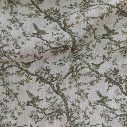 Floral linen fabric with Toile de Jouy Tree greenery LL347P - 100% linen