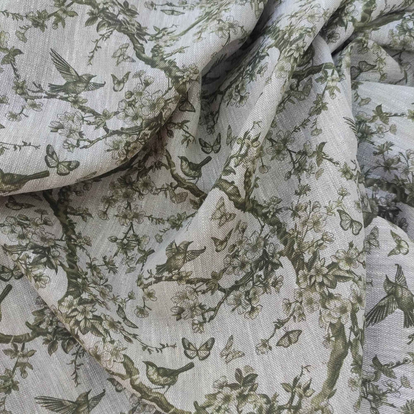 Floral linen fabric with Toile de Jouy Tree greenery LL347P - 100% linen