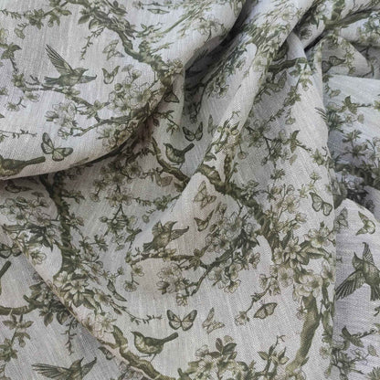 Floral linen fabric with Toile de Jouy Tree greenery LL347P - 100% linen