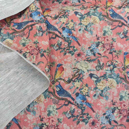 Floral linen fabric with Toile de Jouy Pink spring LL339P - 100% linen