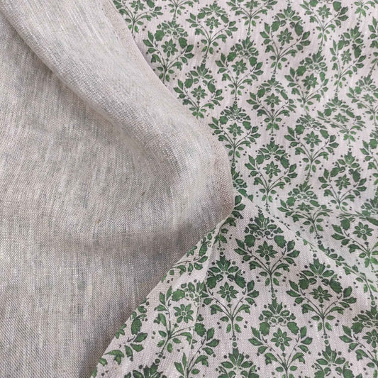 Floral linen fabric with green block print on oatmeal linen LL340P - 100% linen