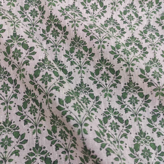 Floral linen fabric with green block print on oatmeal linen LL340P - 100% linen