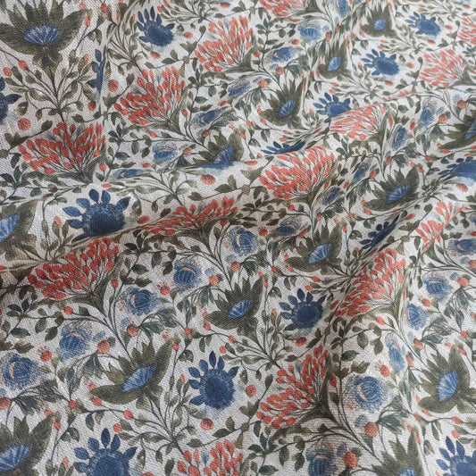 Floral linen fabric with colorfull block print on oatmeal linen LL338P - 100% linen
