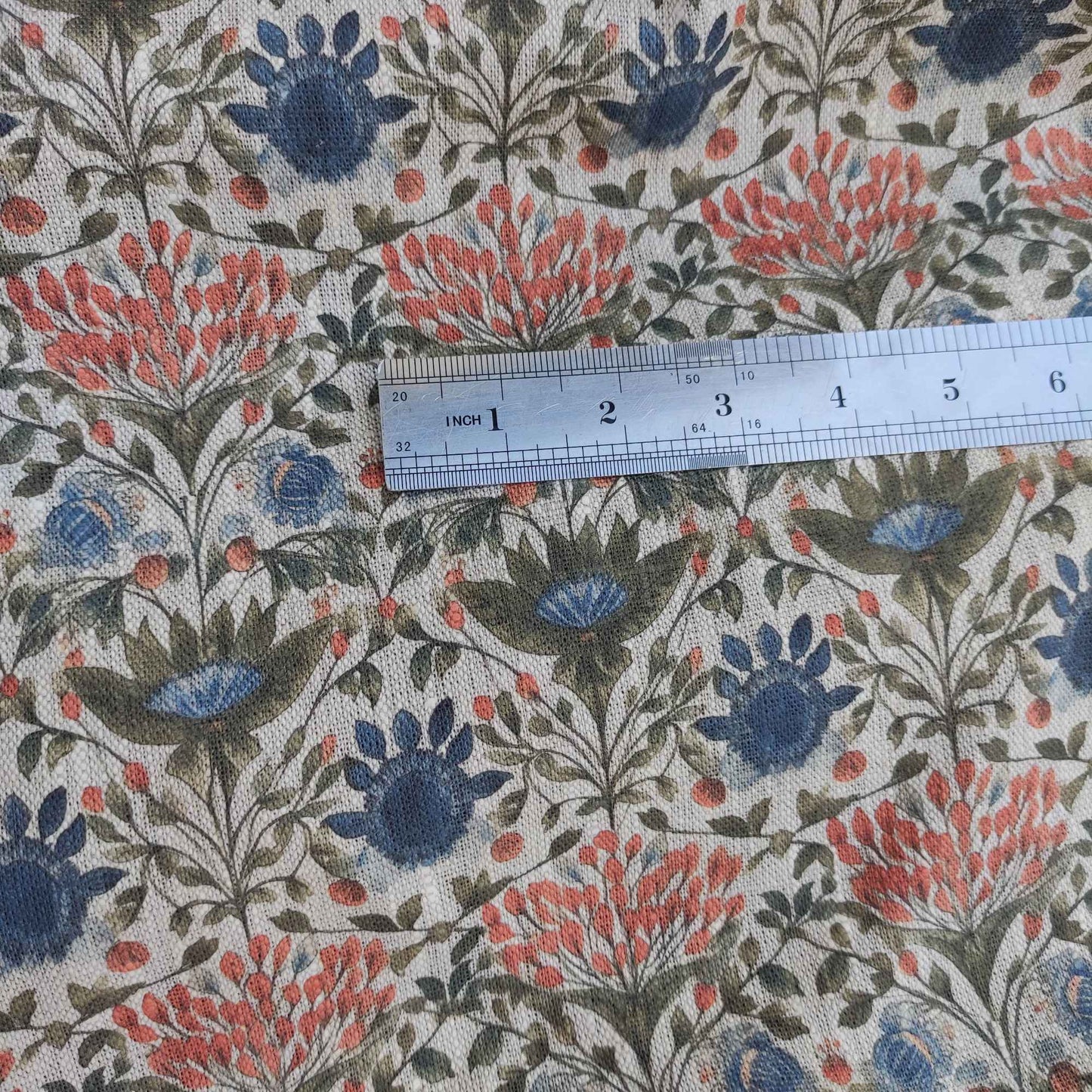 Floral linen fabric with colorfull block print on oatmeal linen LL338P - 100% linen