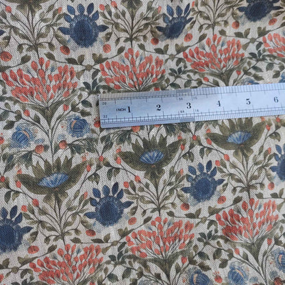 Floral linen fabric with colorfull block print on oatmeal linen LL338P - 100% linen