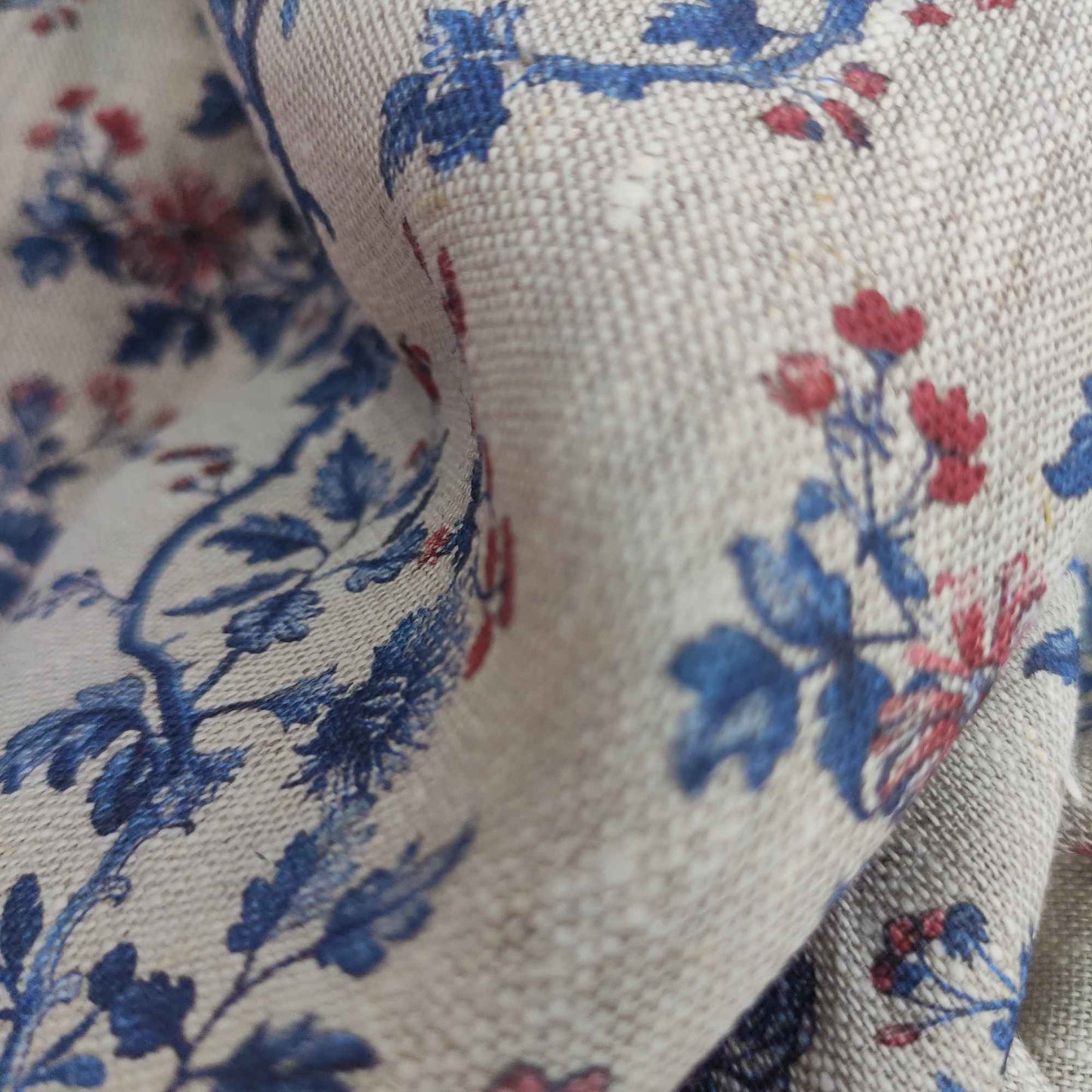 Floral linen fabric with Toile de Jouy Blue red LL326P - 100% linen