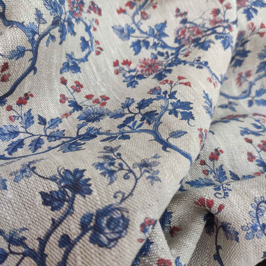 Floral linen fabric with Toile de Jouy Blue red LL326P - 100% linen