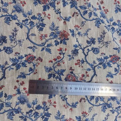 Floral linen fabric with Toile de Jouy Blue red LL326P - 100% linen