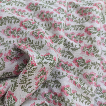 Floral linen fabric with Block print in green pink LL327P - 100% linen