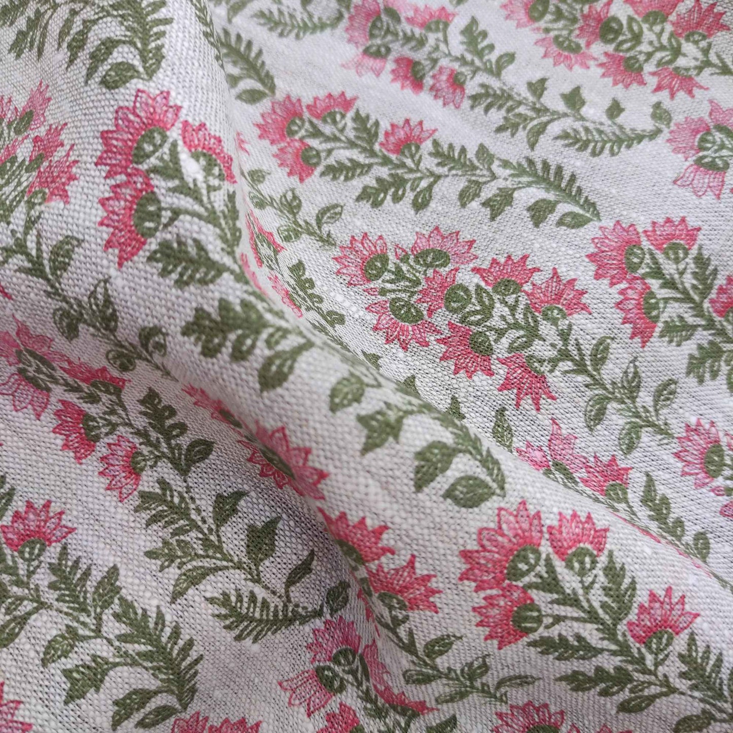 Floral linen fabric with Block print in green pink LL327P - 100% linen