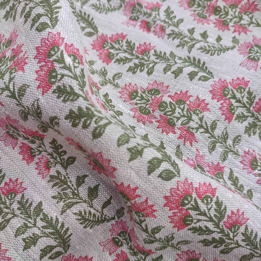 Floral linen fabric with Block print in green pink LL327P - 100% linen