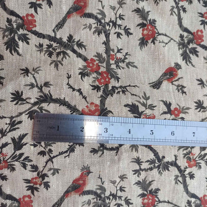 Floral linen fabric with Toile de Jouy black red LL328P - 100% linen
