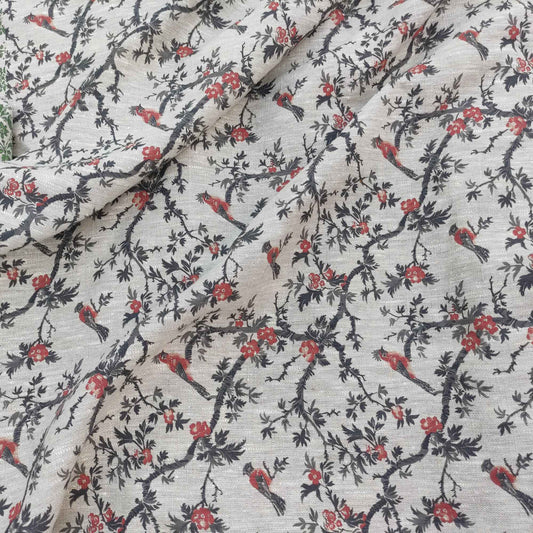 Floral linen fabric with Toile de Jouy black red LL328P - 100% linen