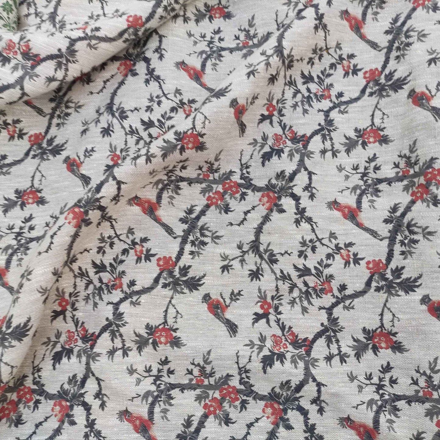 Floral linen fabric with Toile de Jouy black red LL328P - 100% linen