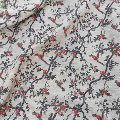 Floral linen fabric with Toile de Jouy black red LL328P - 100% linen