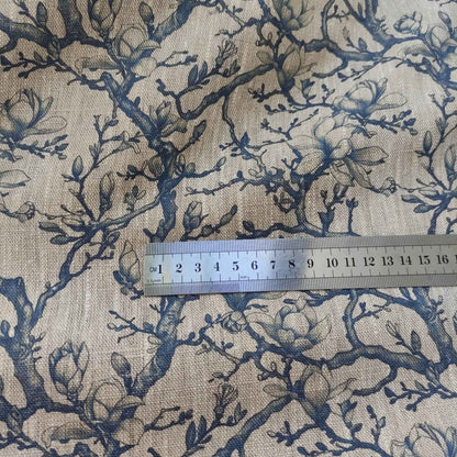 Floral linen fabric with Toile de Jouy Blue Magnolia print LL329P - 100% linen