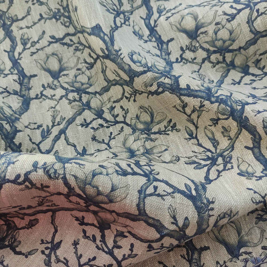 Floral linen fabric with Toile de Jouy Blue Magnolia print LL329P - 100% linen