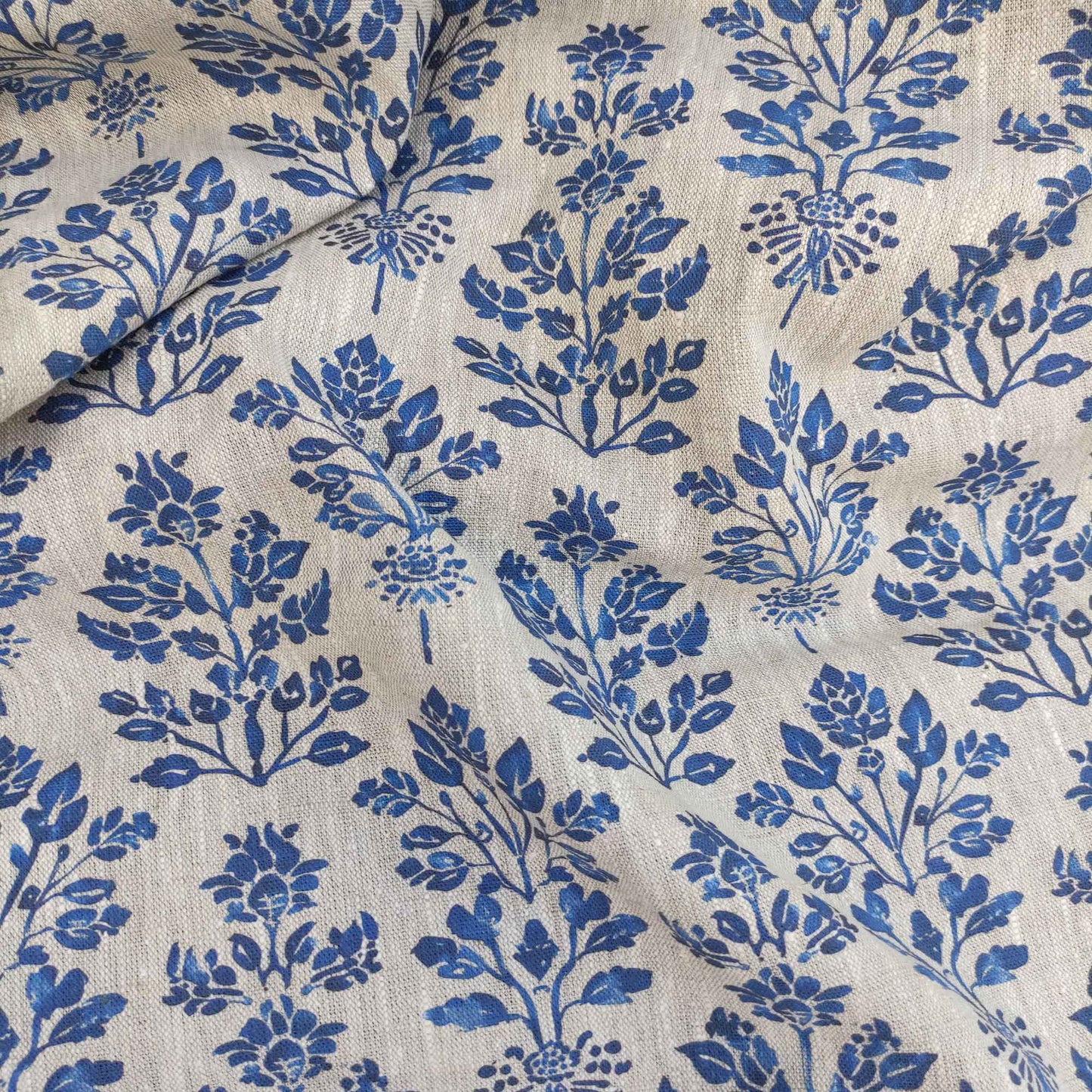 Floral block print linen fabric  LL330P - 100% linen with indigo blue print